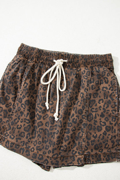 Brown Leopard Print Elastic Waistband Drawstring Denim Skort - Loving It Shop