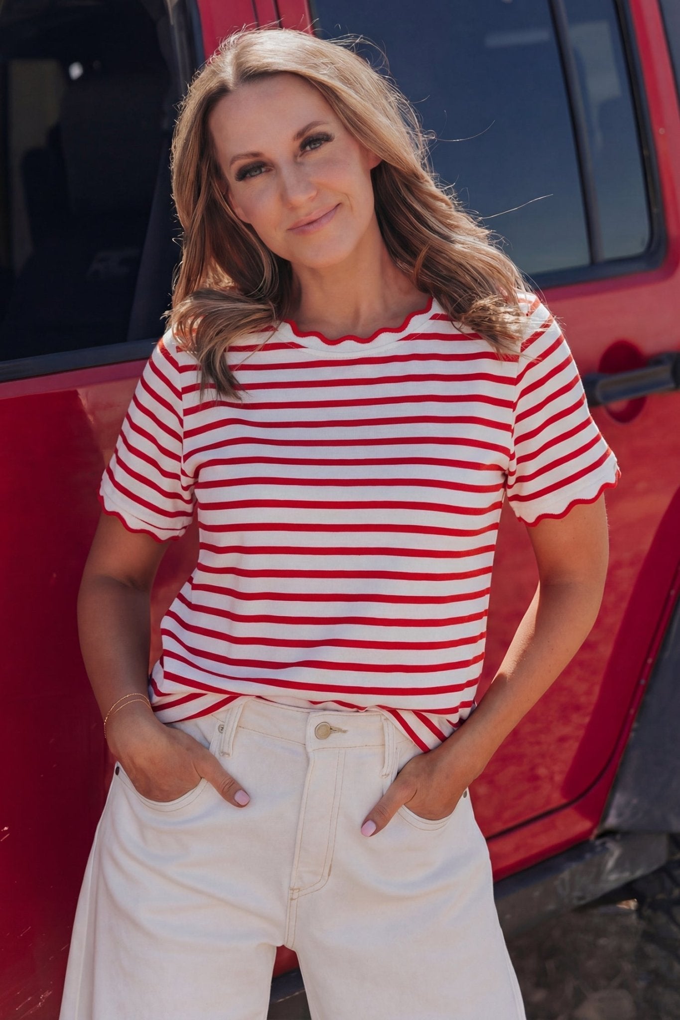 Red Stripe Scalloped Trim Round Neck T Shirt - Loving It Shop