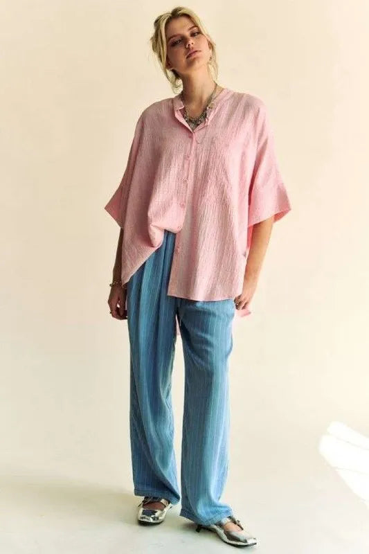 Davi &amp; Dani Rhinestone Pleat Back Short Sleeve Loose Fit Shirt