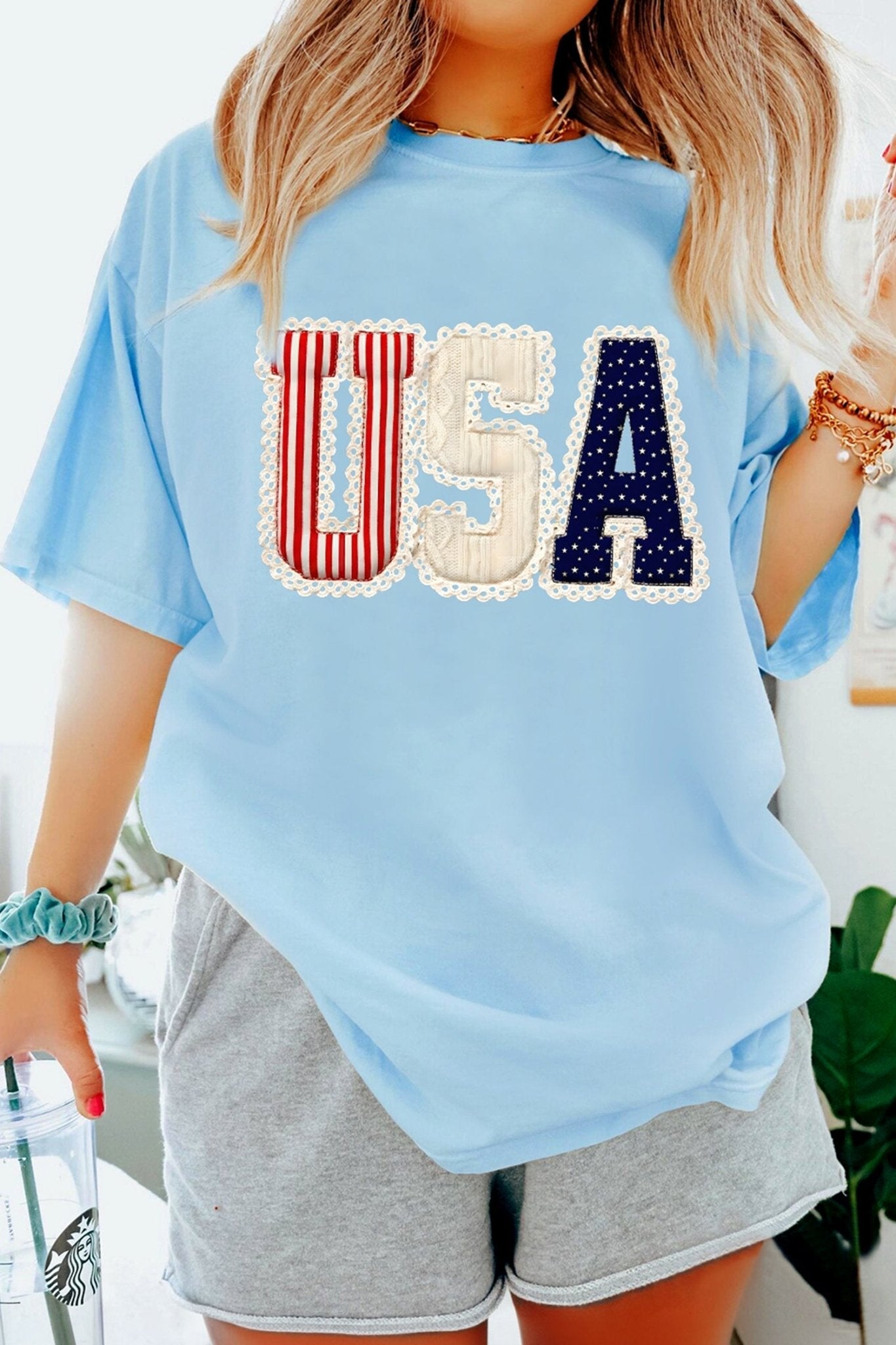 Light Blue USA Patriotic Printed T Shirt - Loving It Shop