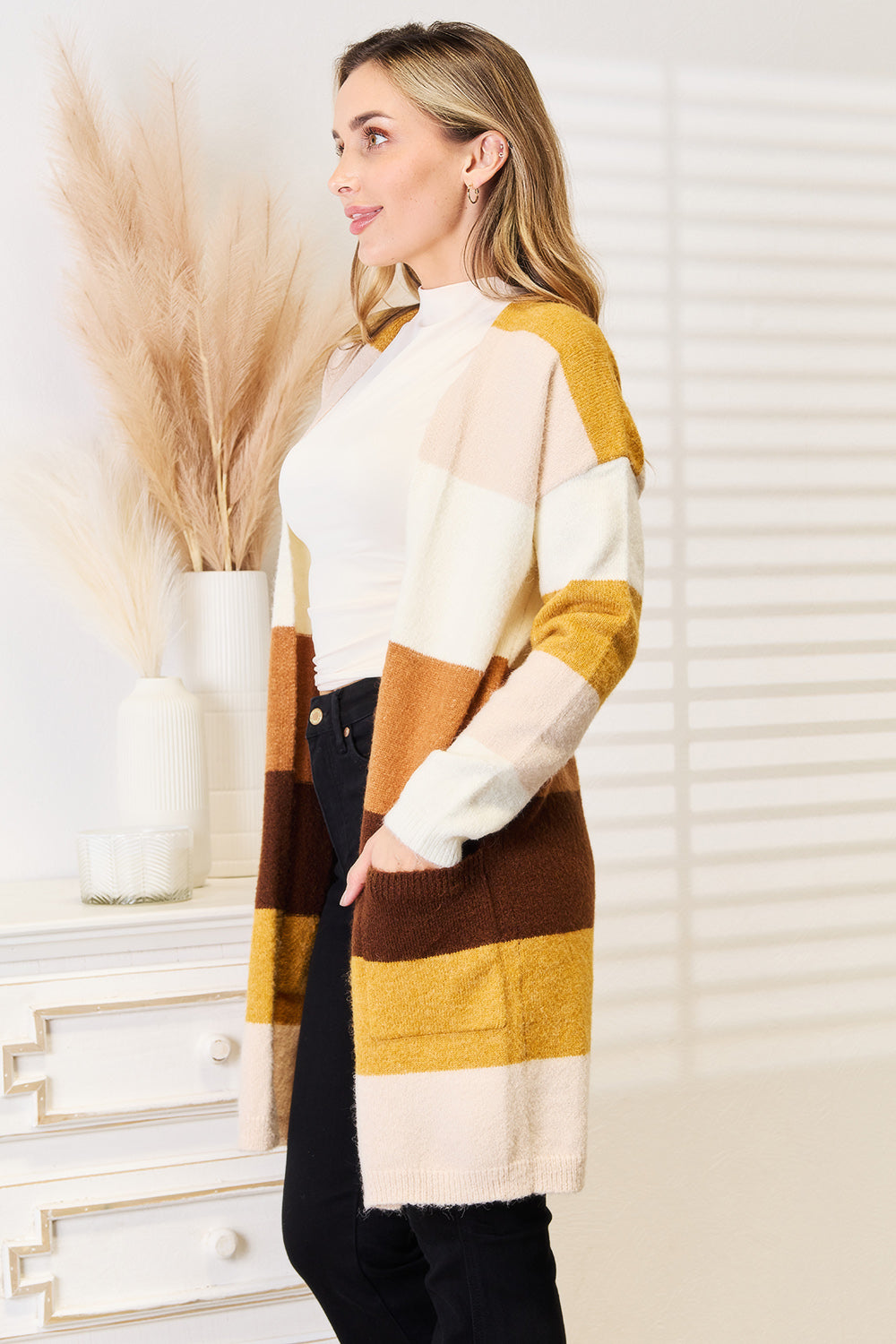 I am a Fashion Junky Woven Right Color Block Dropped Shoulder Cardigan