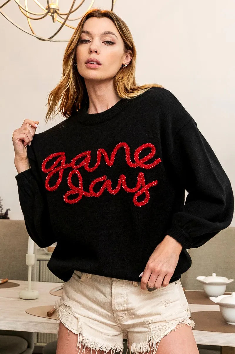 Game Day Metallic Letter Sweater