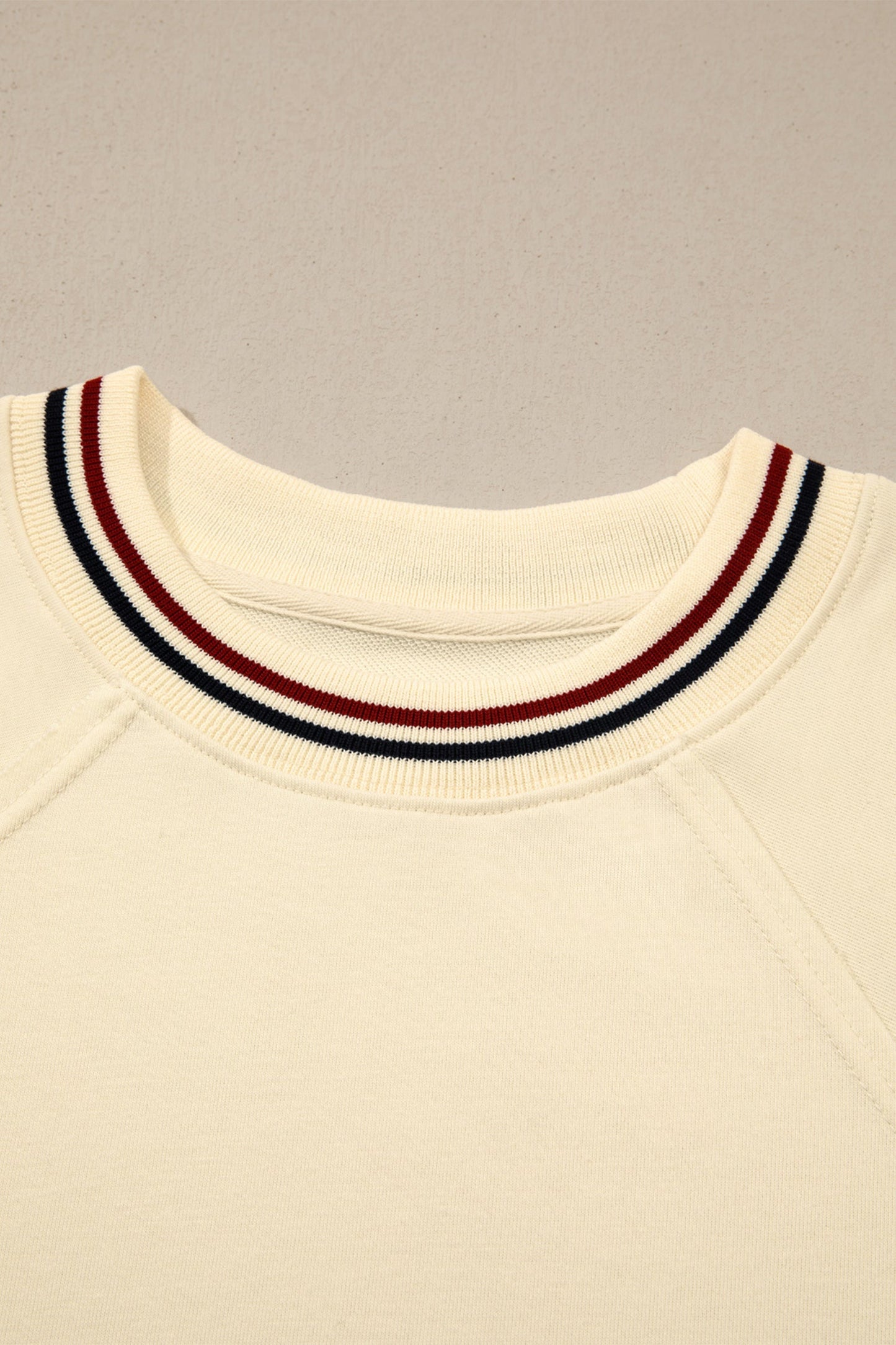 Beige Contrast Varsity Striped Neckline Cuffed Short Sleeve Loose Tunic Top