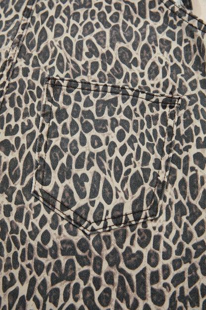 Brown Leopard Print Straight Leg Loose Denim Overall Jumpsuit