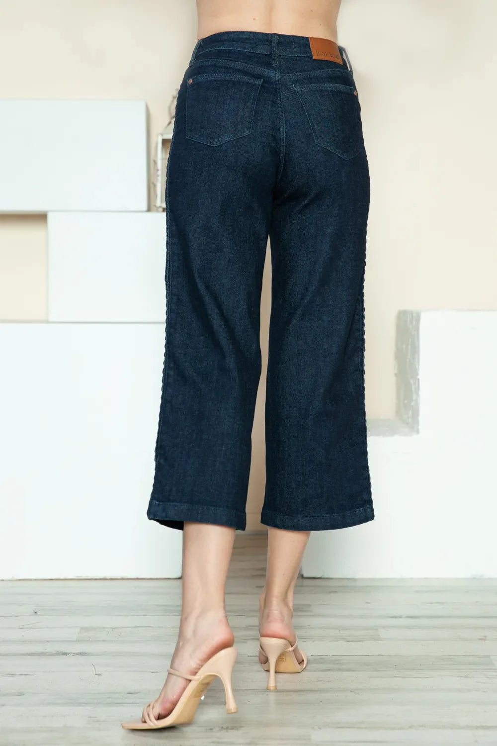 Full Size Side Seam Braid Detail Crop Wide Leg Jeans
