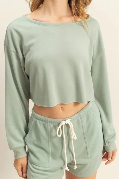 Boat Neck Long Sleeve Cropped Top