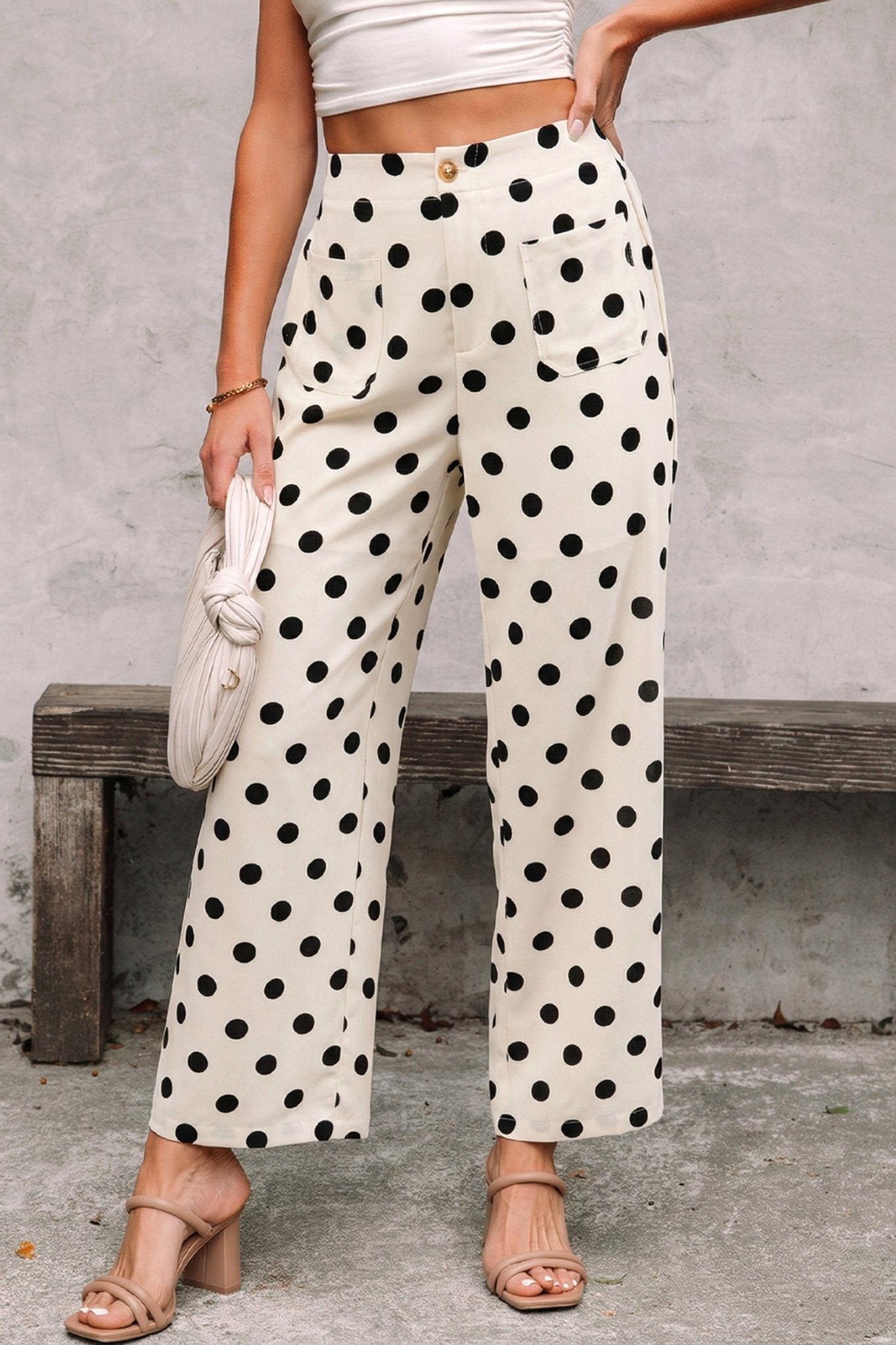 White Polka Dot Print Patched Pocket Loose Pants - Loving It Shop