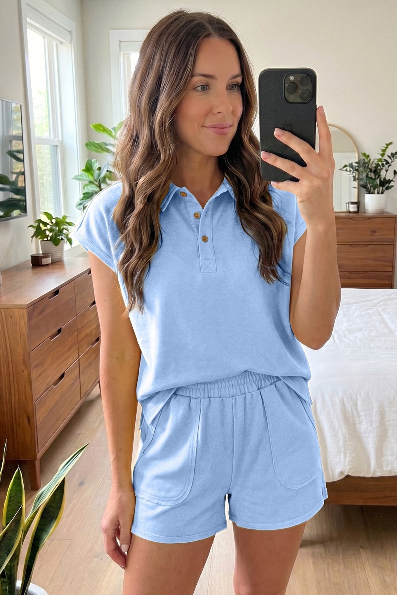 Mist Blue Loose Polo Tee Elastic Waist 2pcs Short Set - Loving It Shop