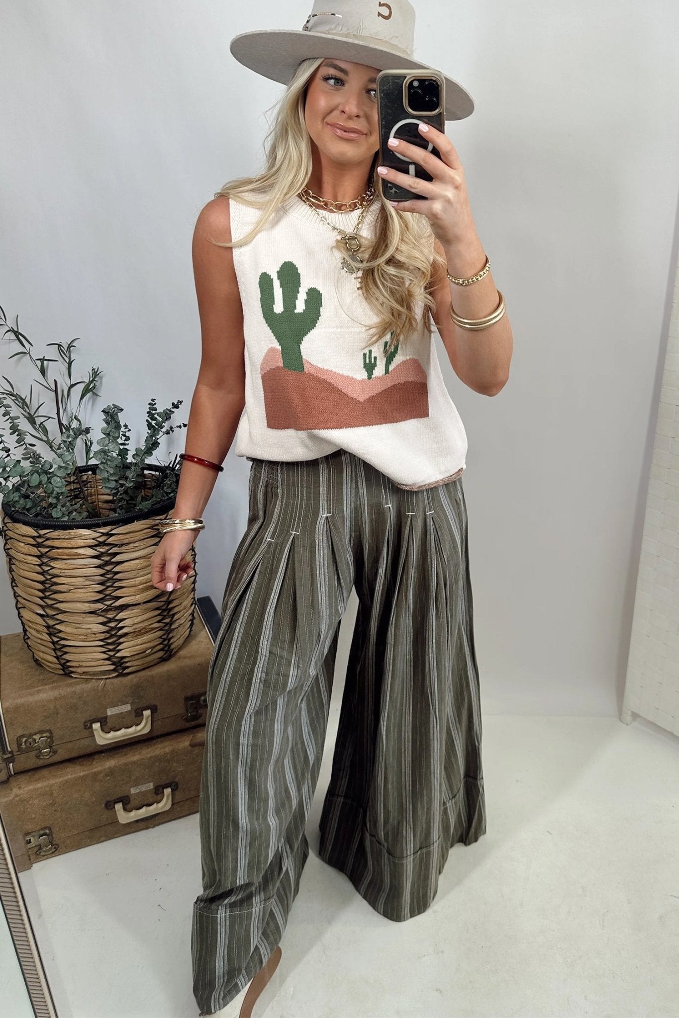 Multicolour Cactus Western Oasis Loose Sweater Vest - Loving It Shop