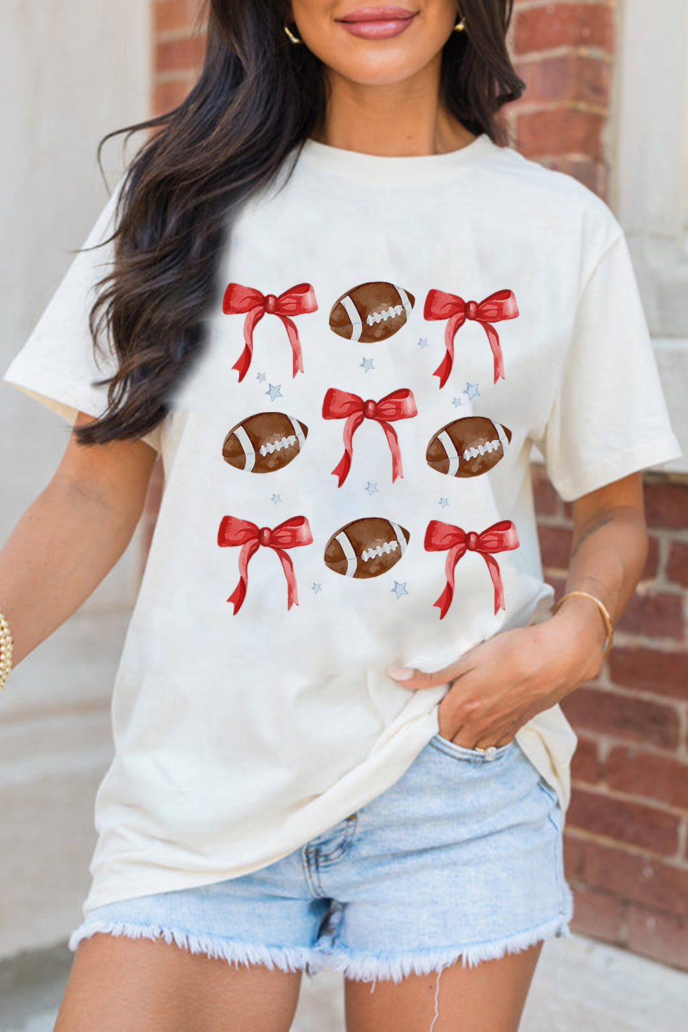 White Bowknot Rugby Graphic Crew Neck Tee