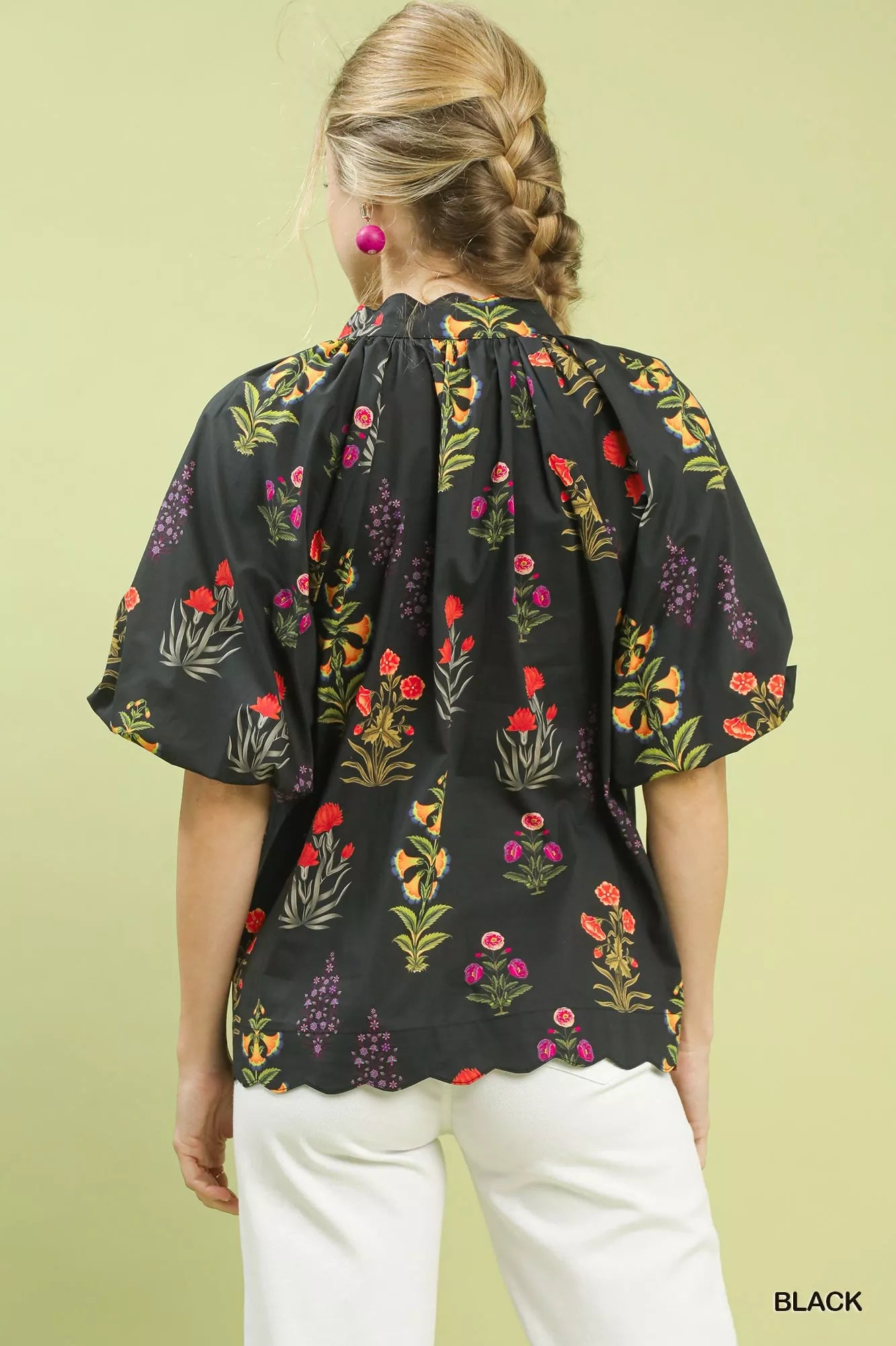 Floral Print Puff Sleeve Scallop Hem Blouse