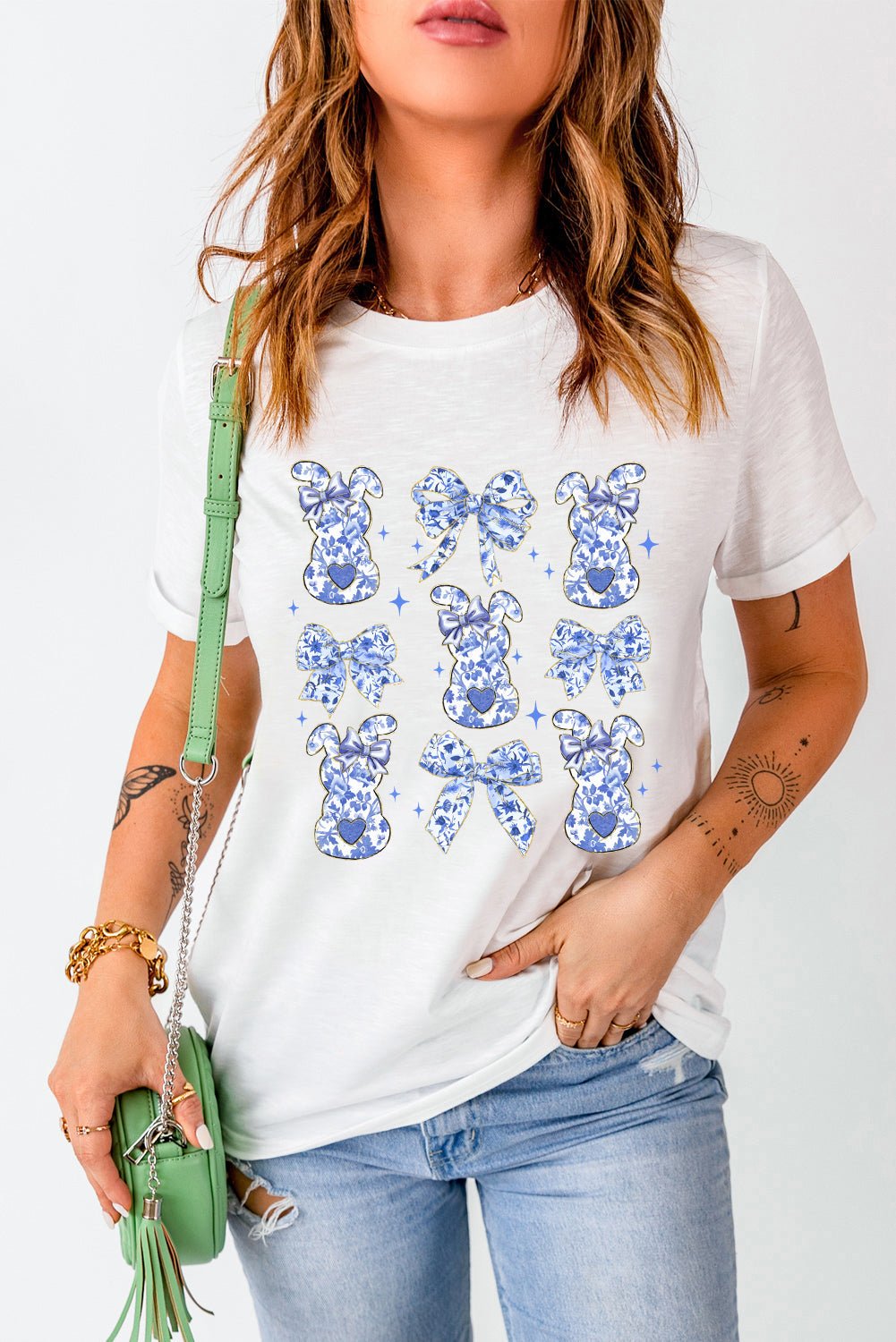 White Bowknot Bunny Graphic Easter Fashion T Shirt - Loving It Shop