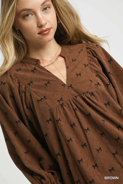 Corduroy Bow Print Balloon Sleeve Blouse
