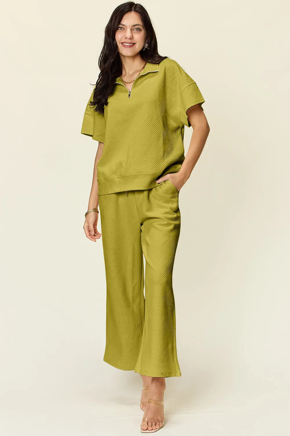 I am a Fashion Junky Full Size Texture Half Zip Short Sleeve Top and Pants Set