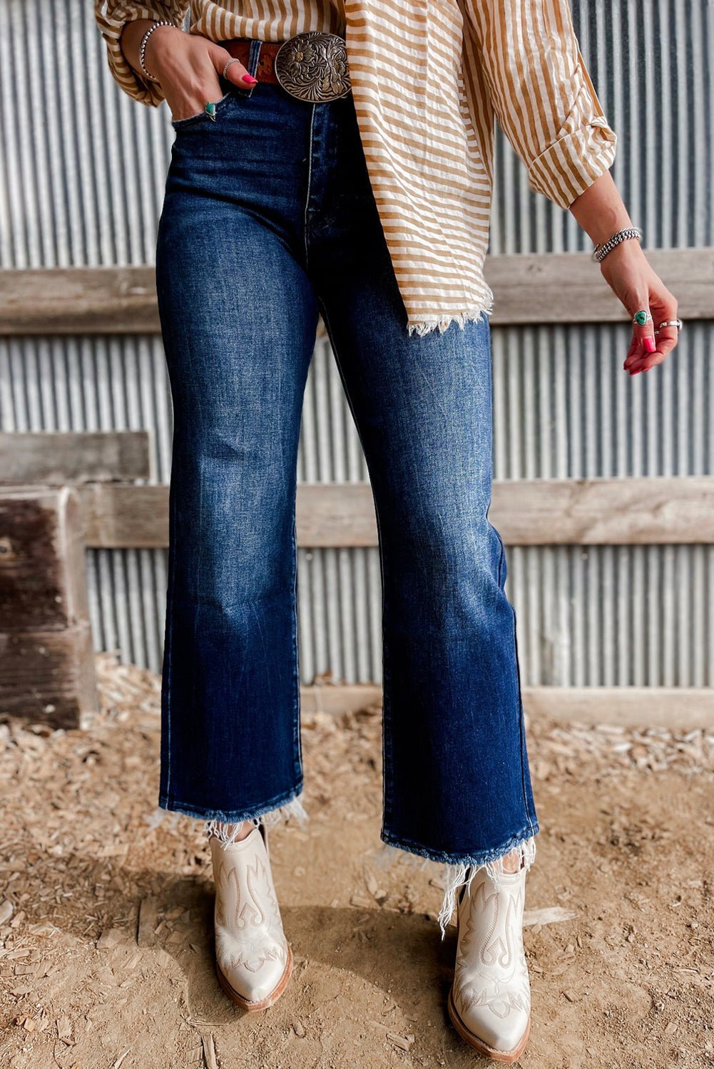 Sail Blue Mineral Wash Raw Hem High Waist Flared Jeans - Loving It Shop