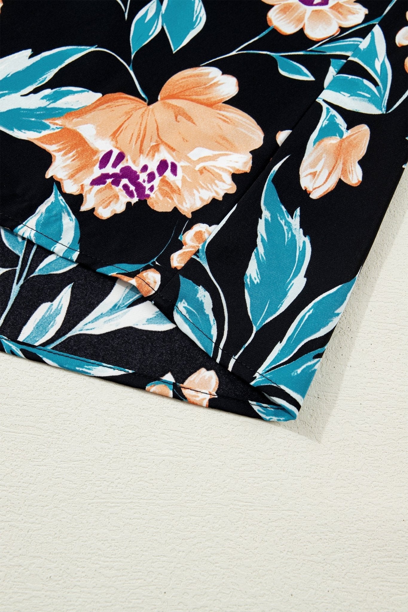 Black Floral Short Bubble Sleeve Buttoned Notched Neck Blouse - Loving It Shop
