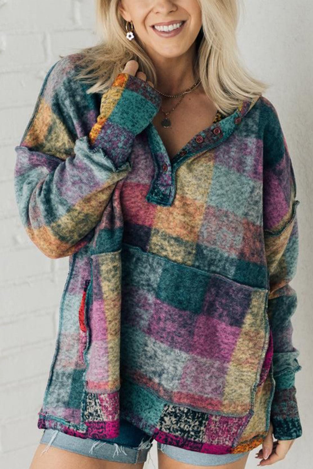 Multicolor Brushed Plaid Buttoned Pullover Oversized Hoodie - Loving It Shop