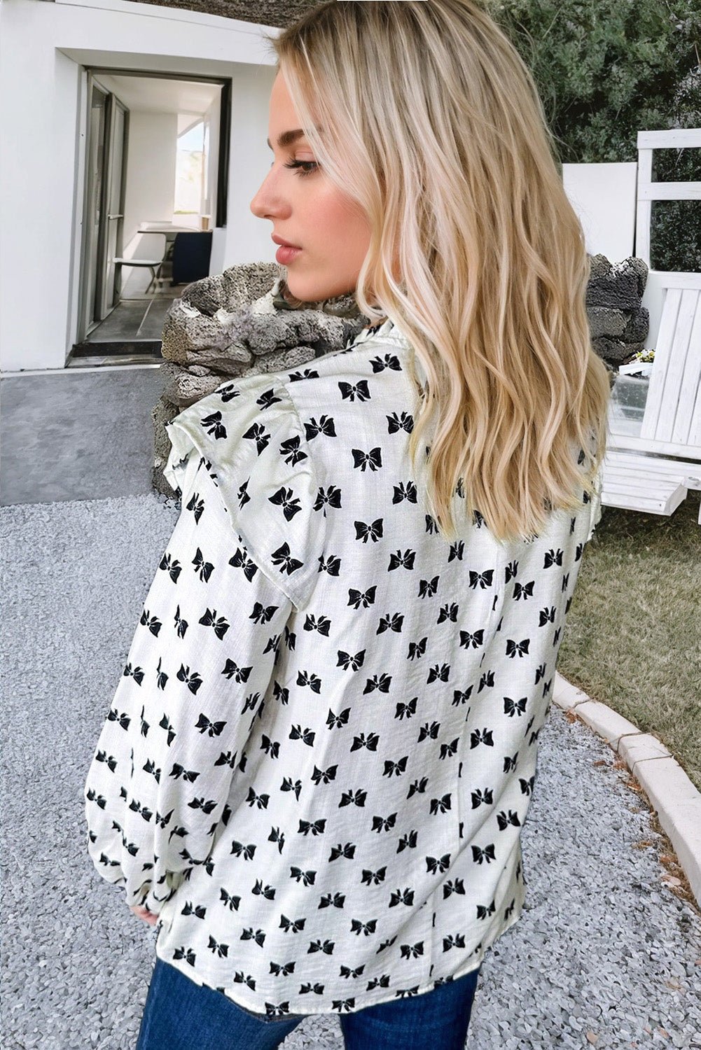 White Bow Knot Print Piping Trim Ruffled Crew Neck Blouse - Loving It Shop