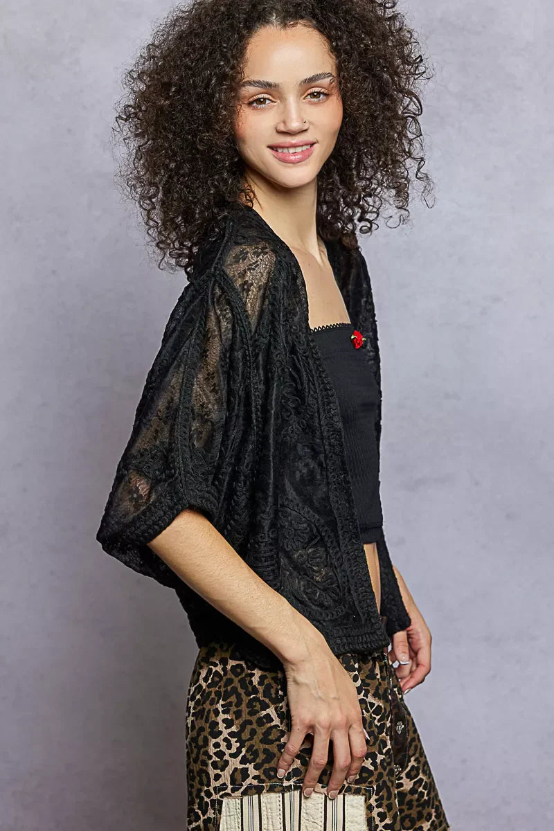 Open Front Crochet Cardigan with Floral Embroidery