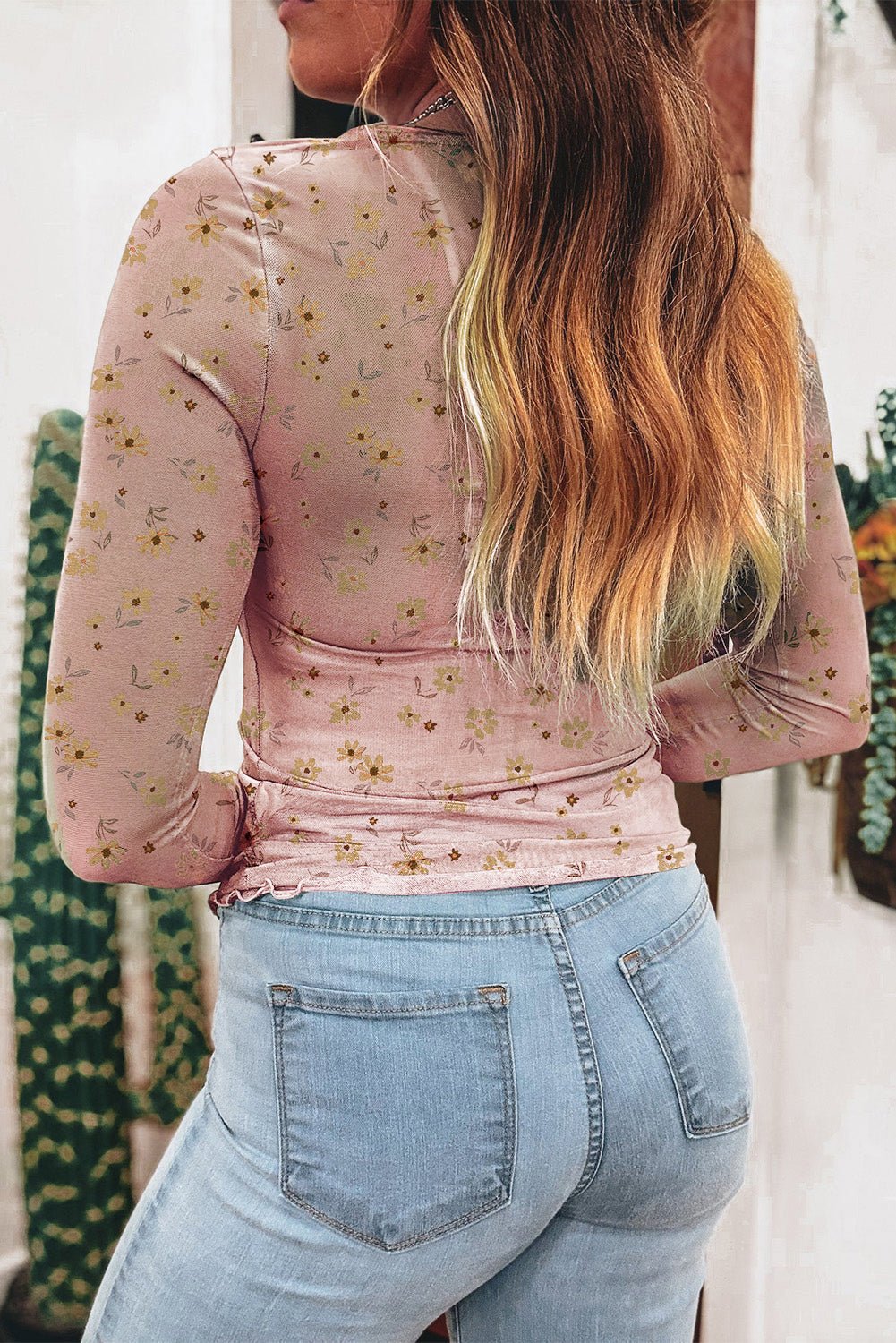 Pink Vintage Floral Print Southern Style Mesh Long Sleeve Top - Loving It Shop