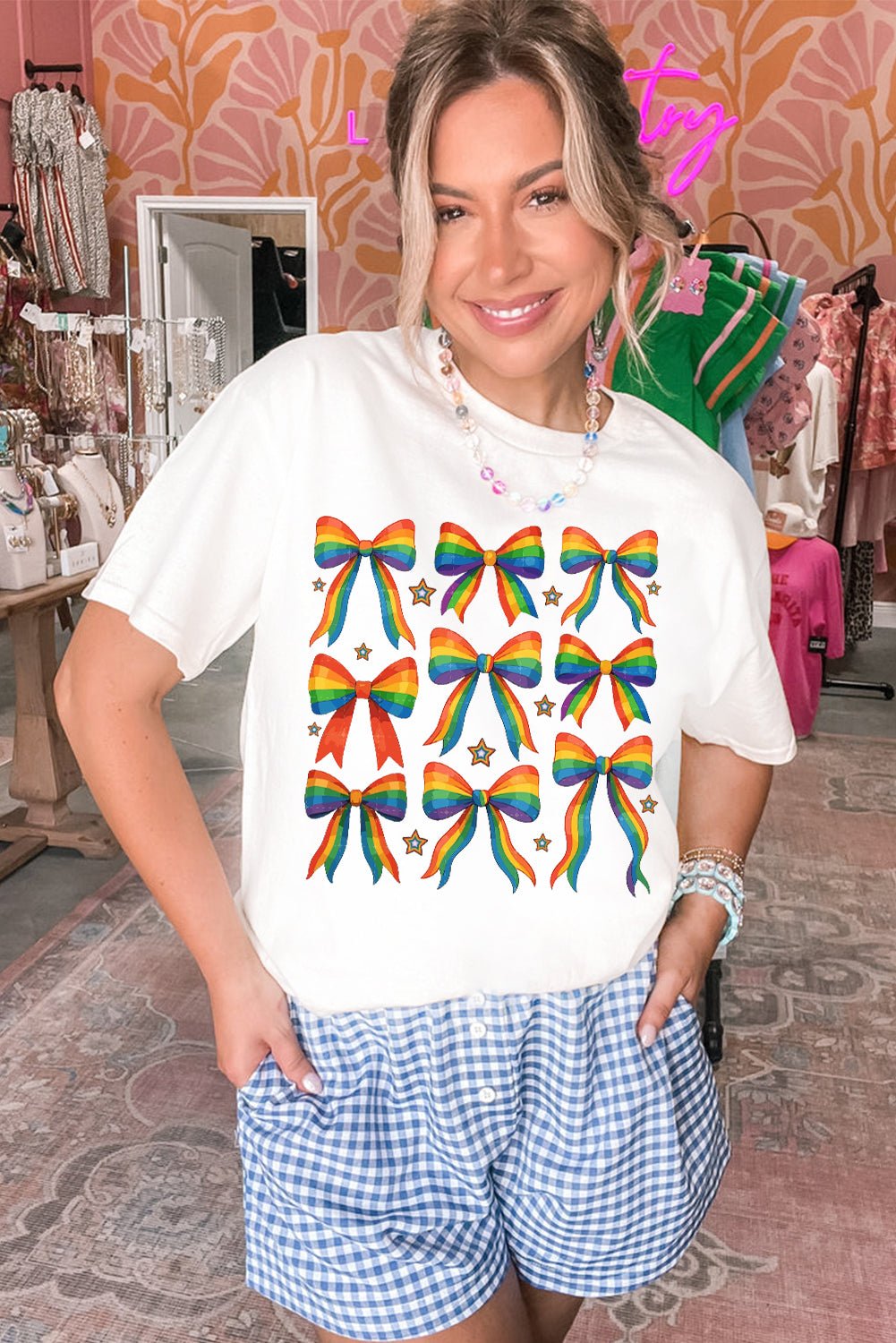 White Pride Bow Starry Print Cotton Blend T Shirt - Loving It Shop