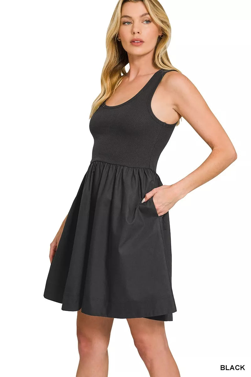Combined Knit &amp; Woven Midi Dress