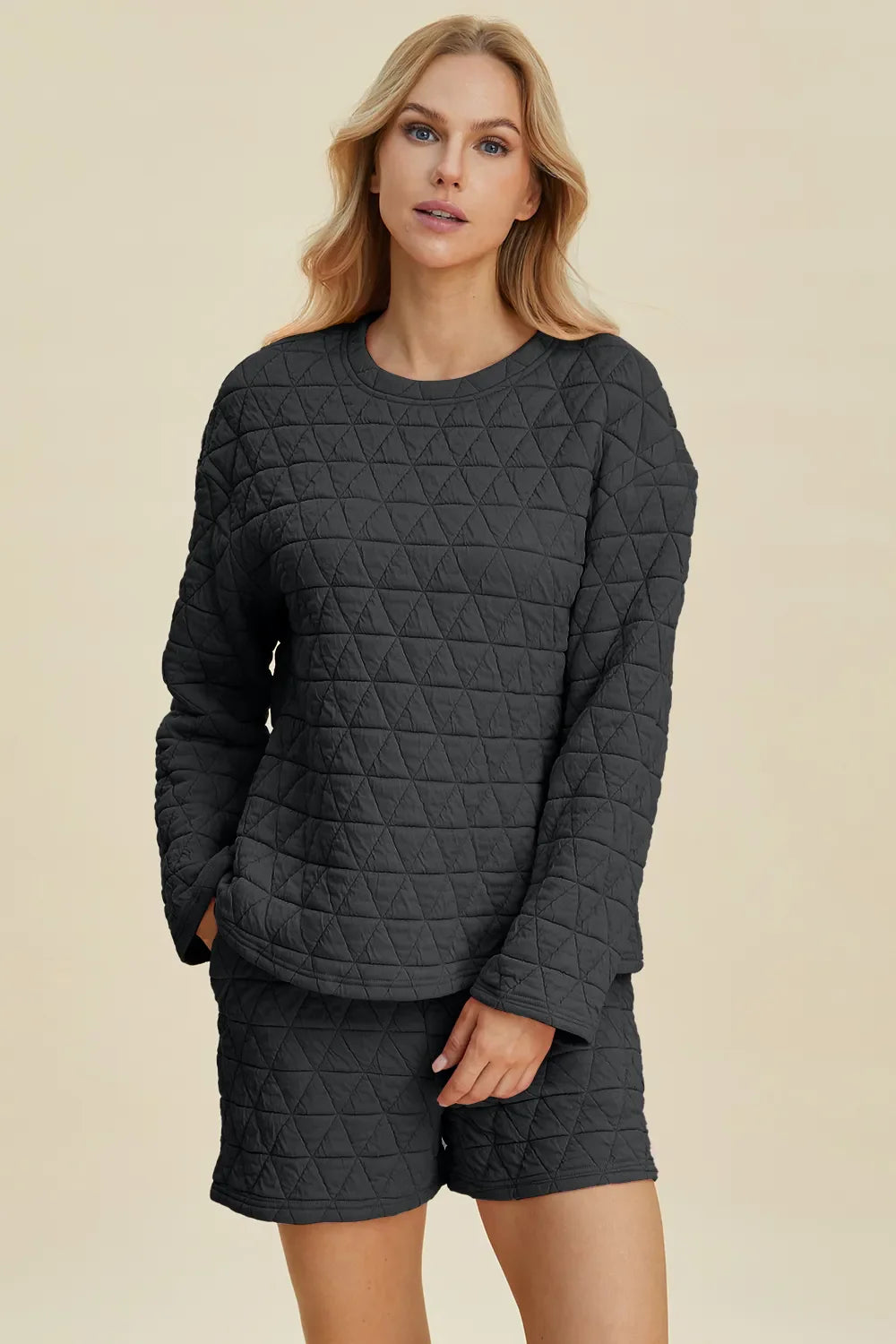 I am a Fashion junky Full Size Texture Round Neck Long Sleeve Top and Shorts Set