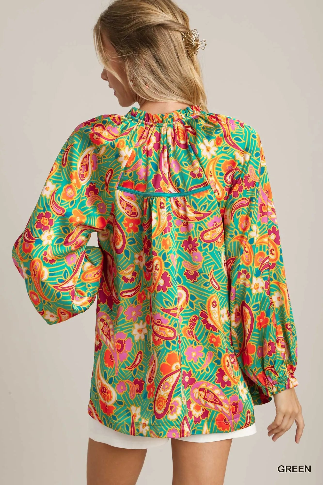Satin Paisley Ruffle Neck Button-Up Shirt