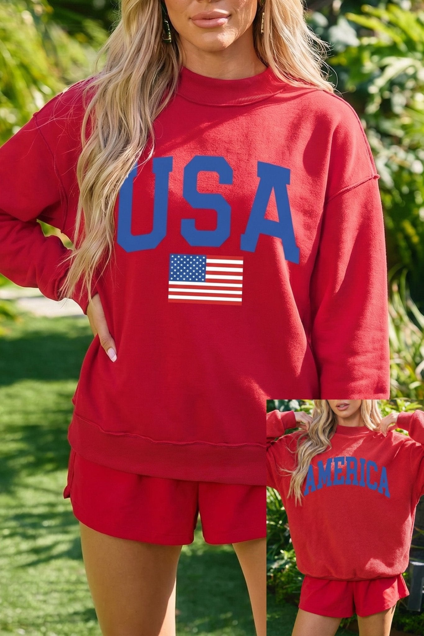 Racing Red Mock Neck Reversible USA/America Graphic Sweatshirt - Loving It Shop