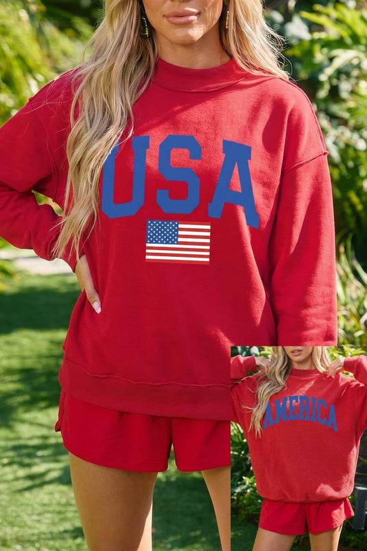 Racing Red Mock Neck Reversible USA/America Graphic Sweatshirt - Loving It Shop