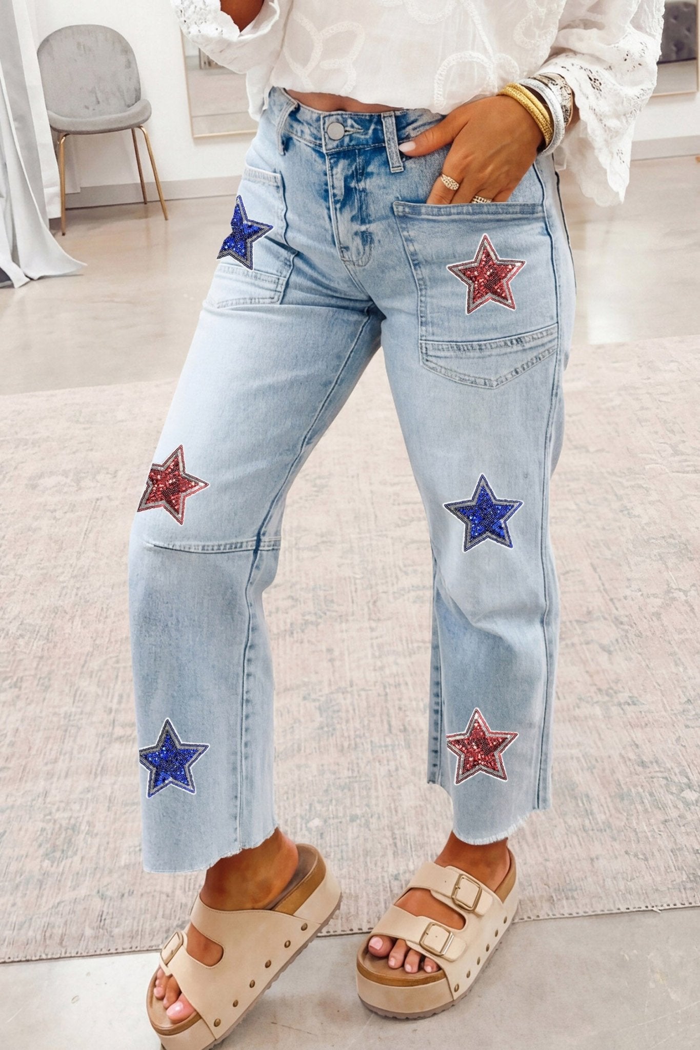 Beau Blue Patriotic Sequin Stars Patch Pocket Shift Jeans - Loving It Shop