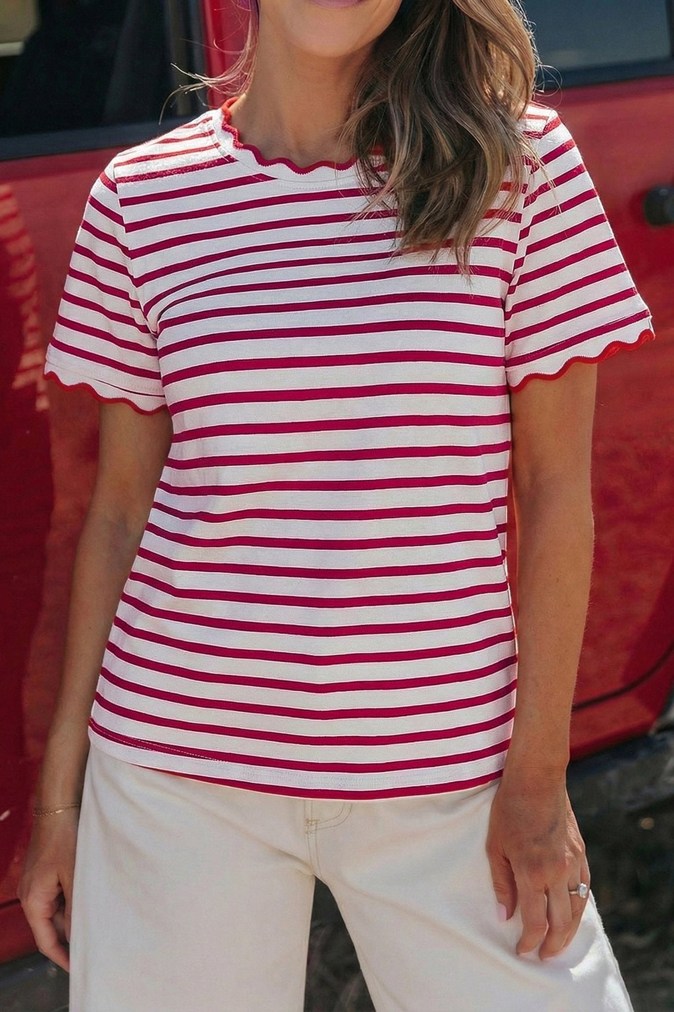 Red Stripe Scalloped Trim Round Neck T Shirt - Loving It Shop