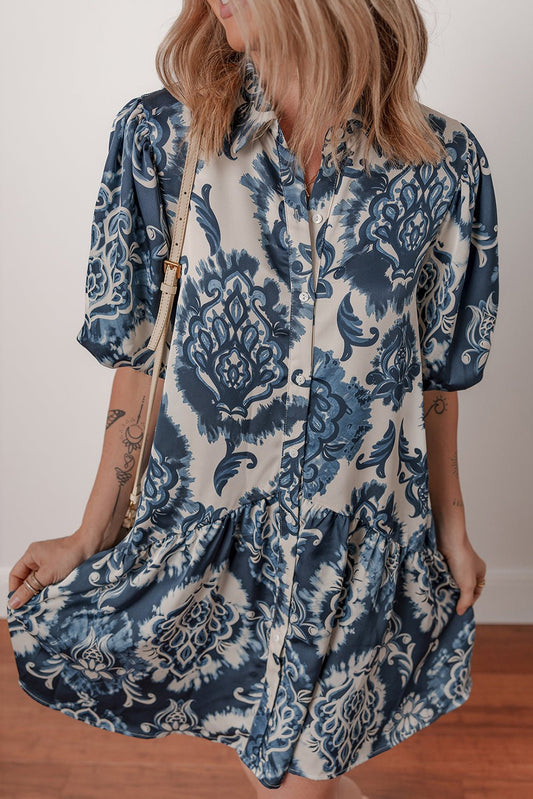 Blue Boho Floral Print Buttoned Collared Loose Fit Mini Dress - Loving It Shop