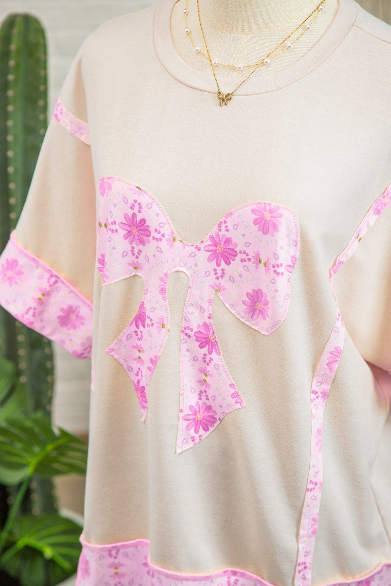 Apricot Daisy Floral Bow Contrast Patchwork Loose T Shirt - Loving It Shop