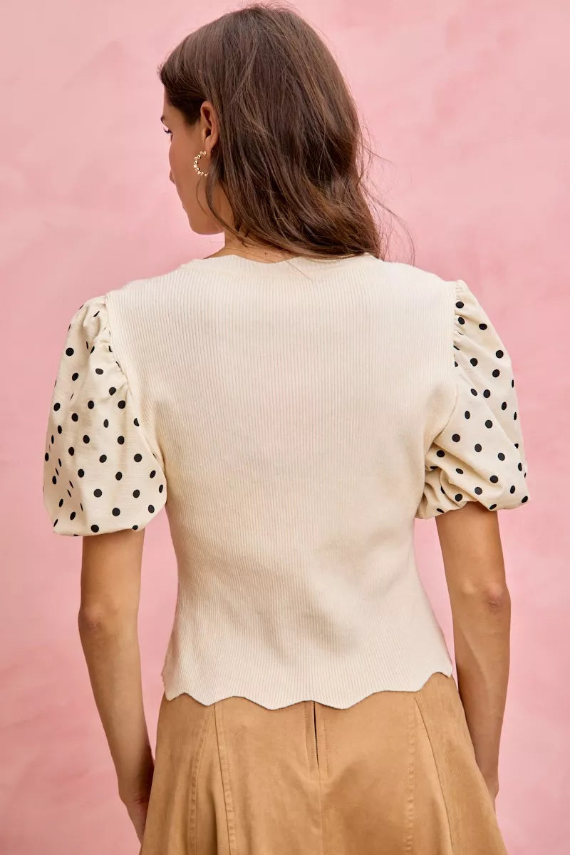 Polka Dot Contrast Woven Ballon Sleeve Blouse