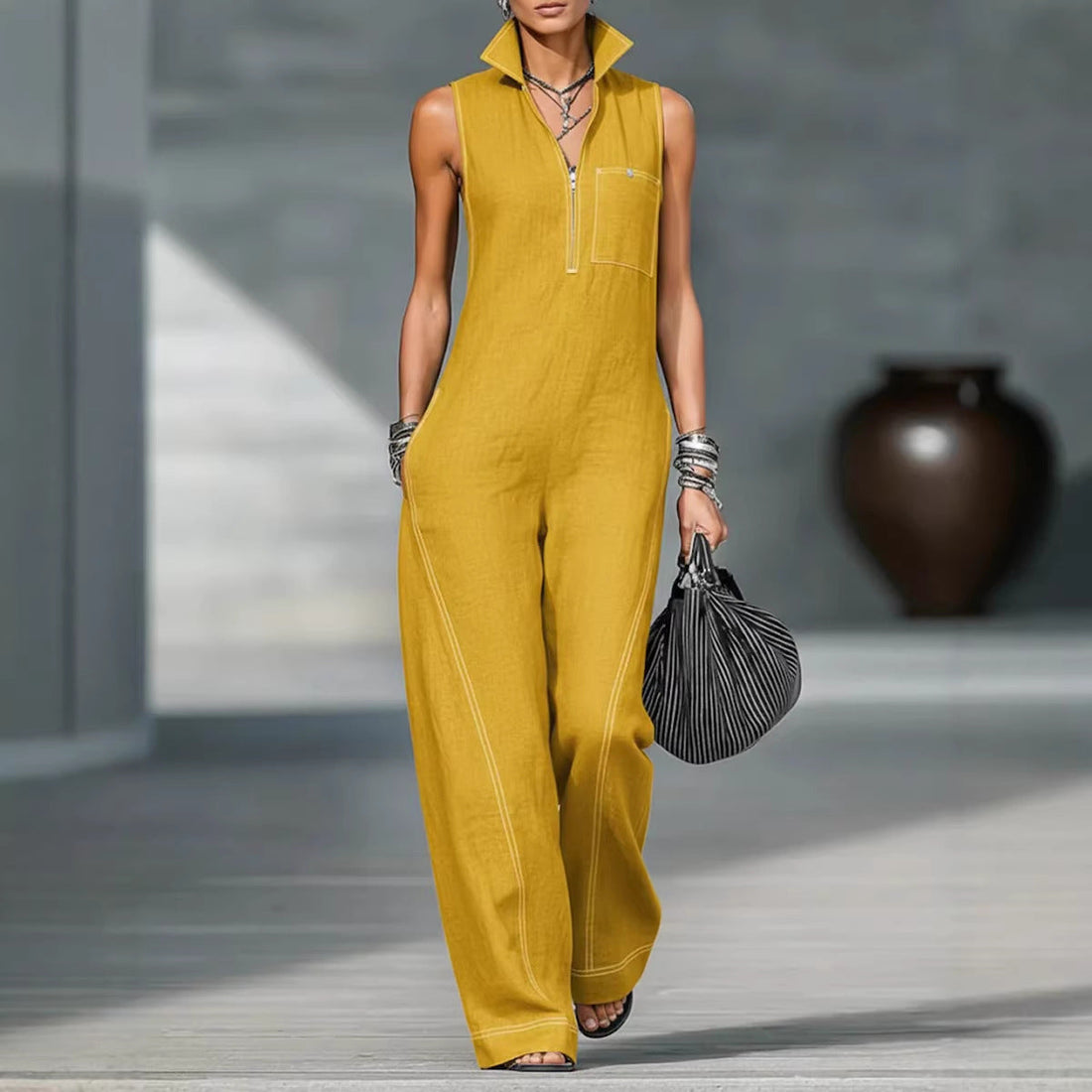 Stand-up Collar Jumpsuit With Pockets Summer Fashion Casual Sleeveless Jumpsuit Trousers Women&