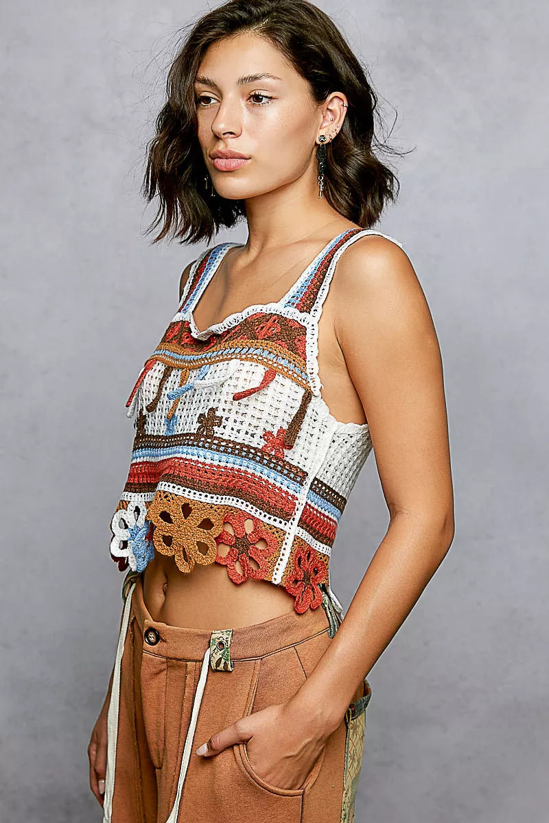 Cutout Flower Cropped Crochet Cami with with Dangle Detail