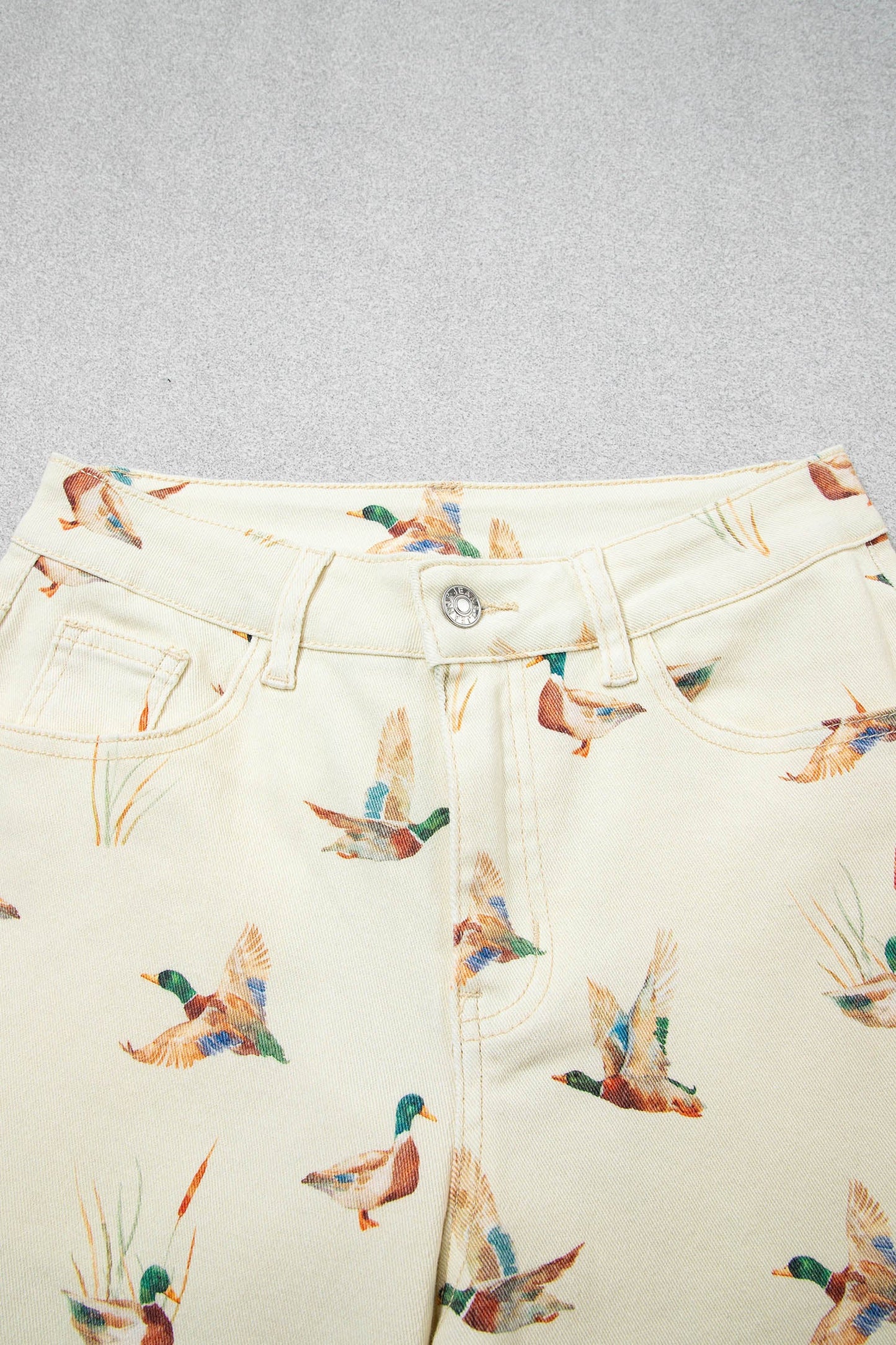 Beige Stylish Mallard Printed Cuffed Hem Shift Jeans - Loving It Shop
