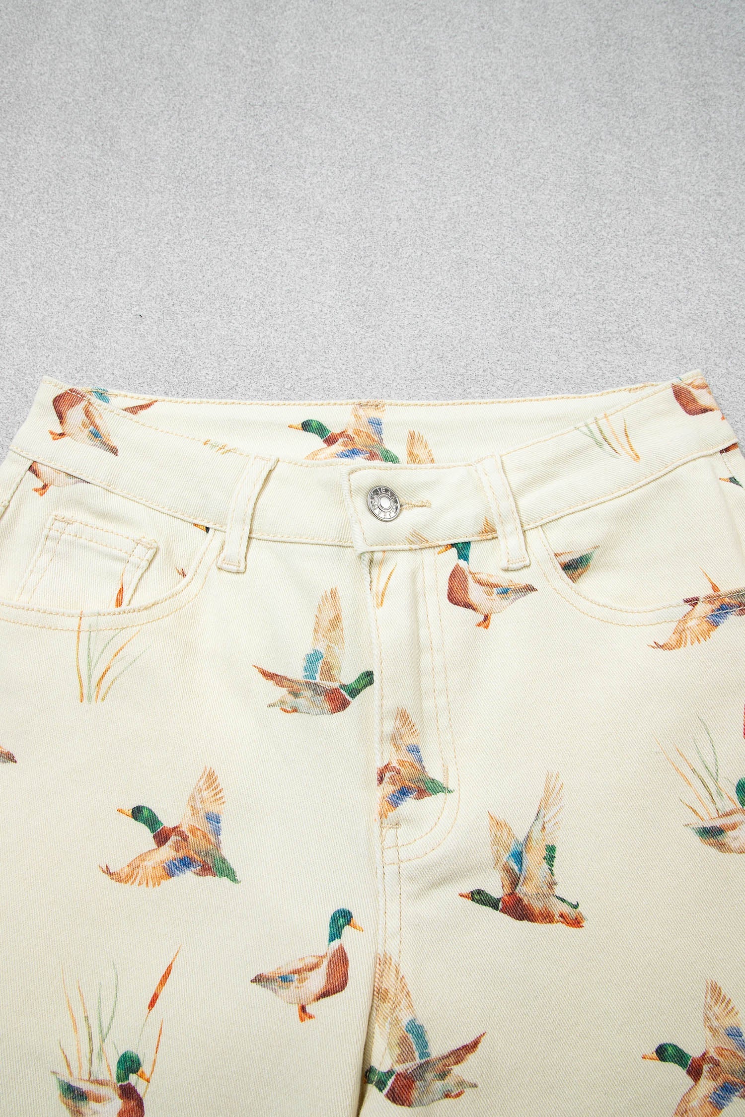 Beige Stylish Mallard Printed Cuffed Hem Shift Jeans - Loving It Shop