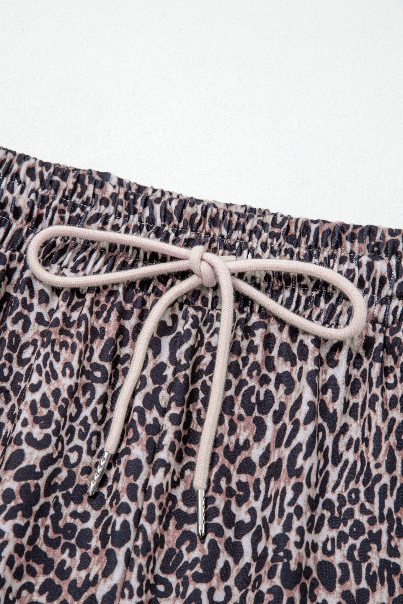 Brown Wild Leopard Print Contrast Lace Striped Detail Drawstring Pants - Loving It Shop
