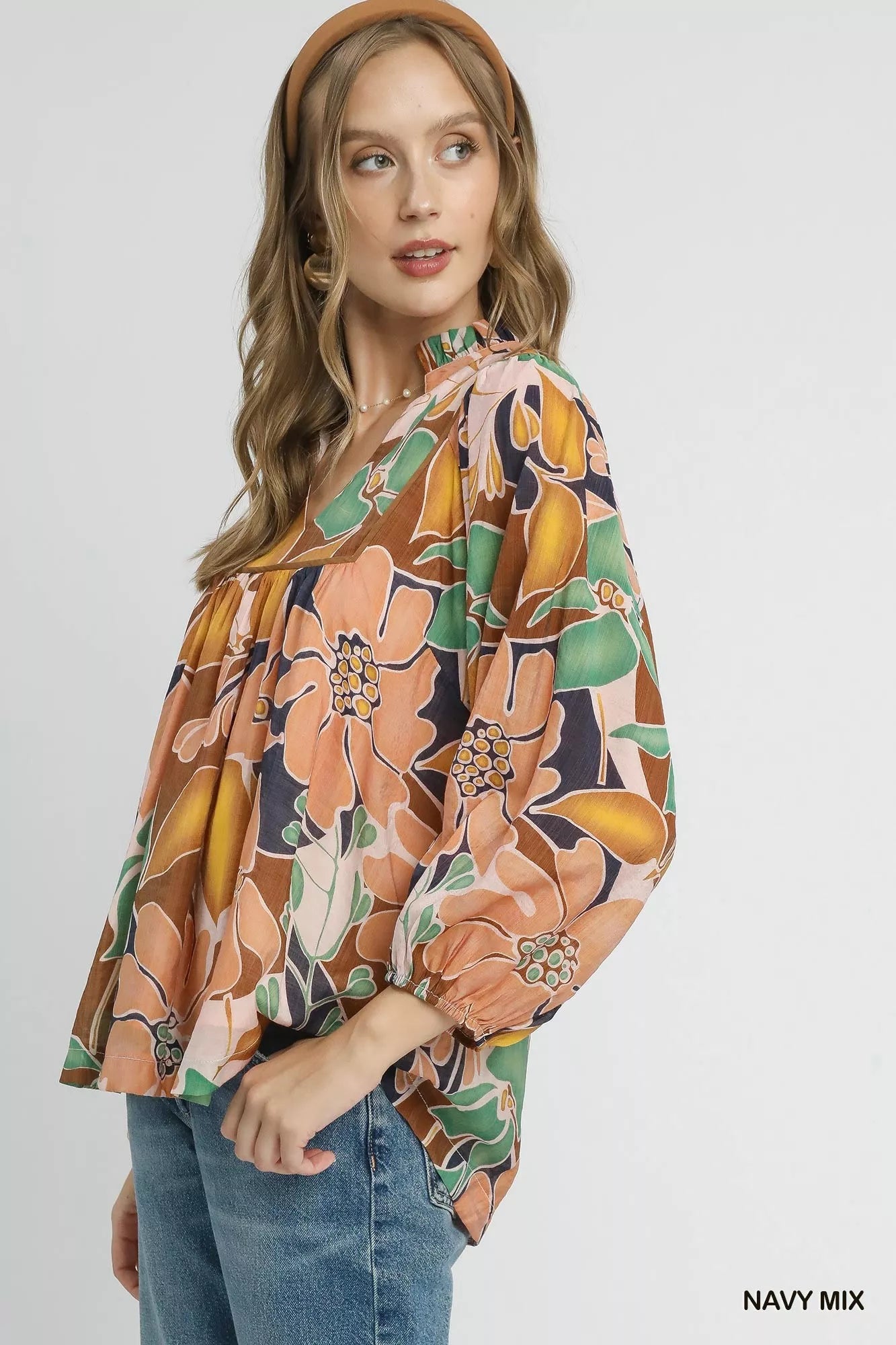Multicolor Abstract Floral Print Blouse with Ruffle Neck