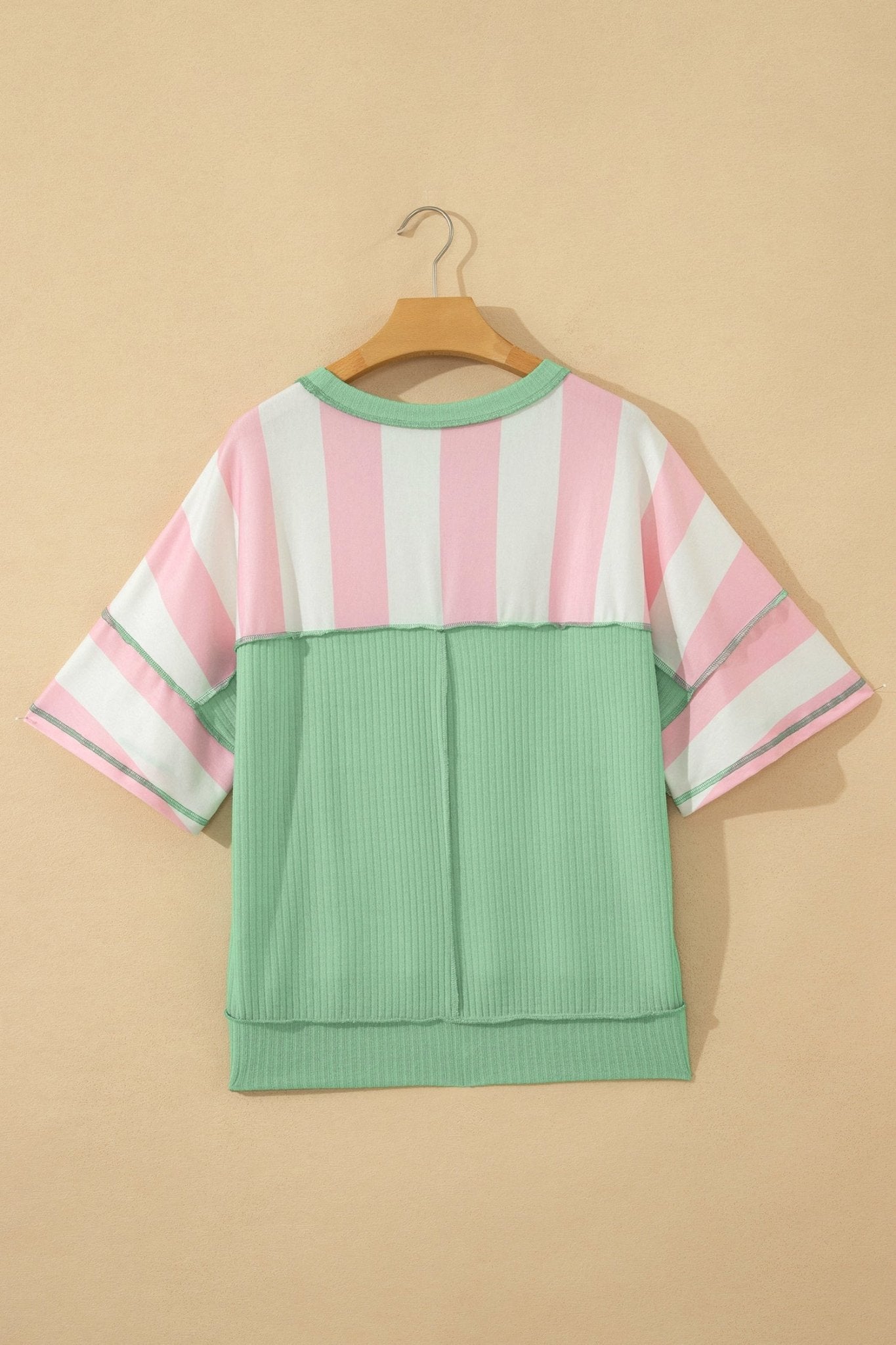 Pink Stripe Exposed Seam Ribbed Patchwork Oversized Tee - Loving It Shop