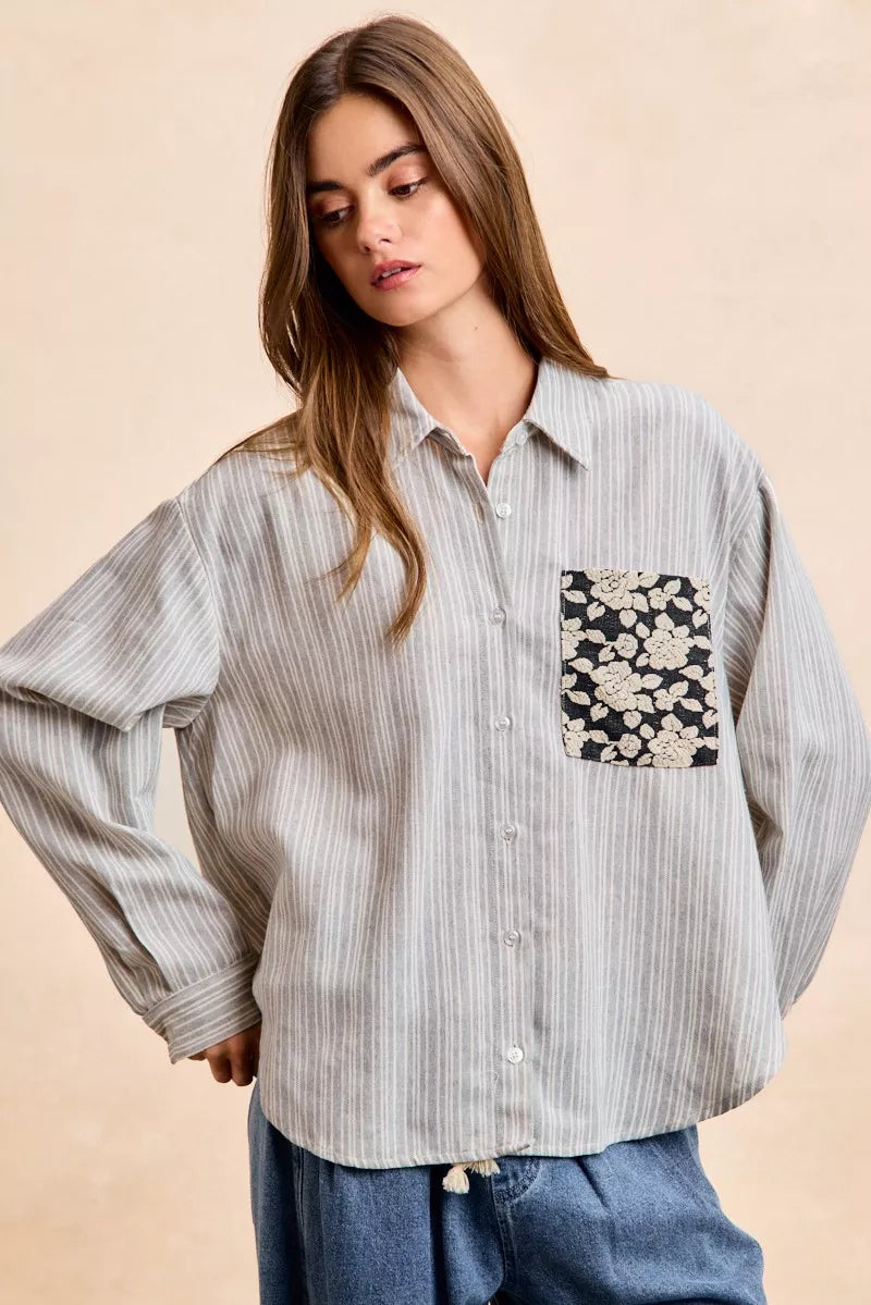 Flower Jacquard Knit Patch Pocket Stripe Shirt