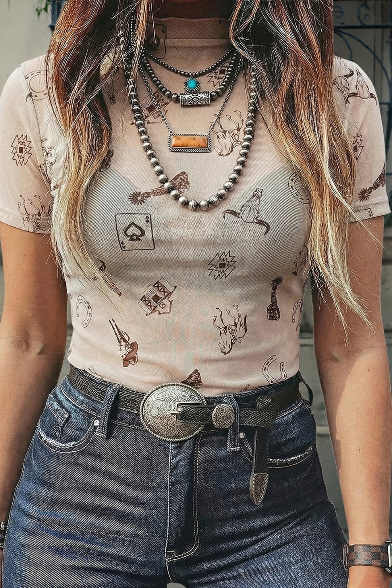 Oatmeal Western Printed Mesh Short Sleeve Top - Loving It Shop