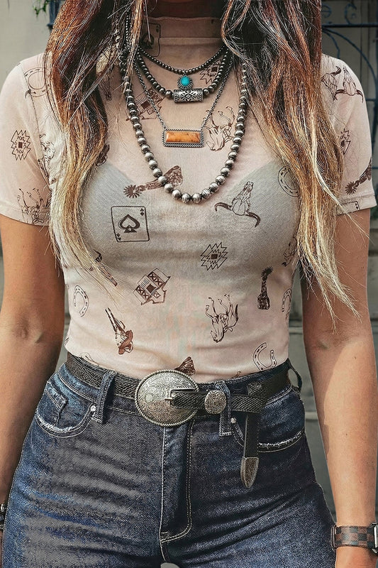 Oatmeal Western Printed Mesh Short Sleeve Top - Loving It Shop