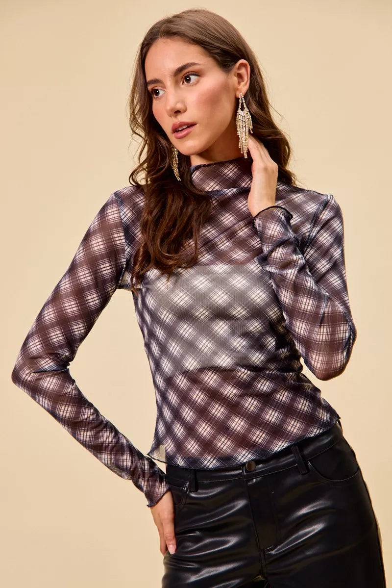 I am a Fashion Junky Plaid Mesh Knit Long Sleeve Top with Thumb Opening