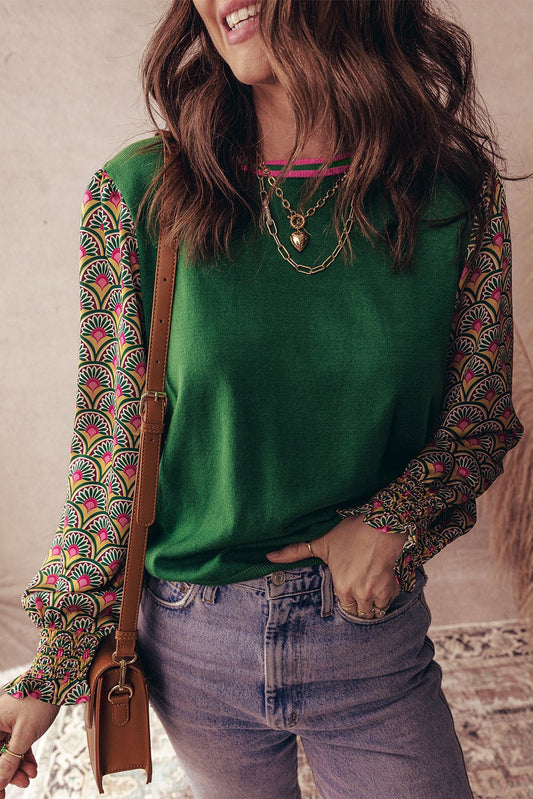 Blackish Green Floral Patchwork Shirred Cuff Puff Sleeve Sweater - Loving It Shop