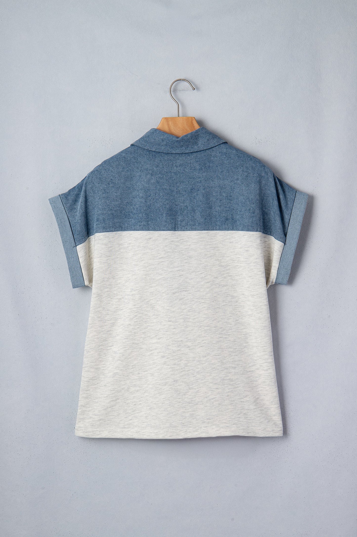 Light Grey Color Block Denim Patchwork Button Polo Collar Short Sleeve Top