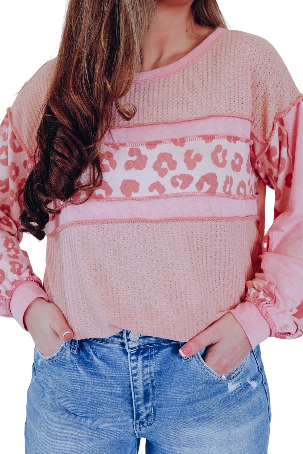 Pink Leopard Patchwork Exposed Seam Waffle Knit Top - Loving It Shop