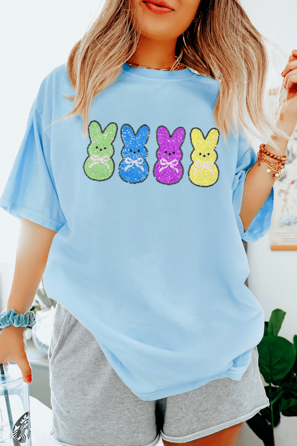 Light Blue Sequin Bunny Doll Graphic Casual T Shirt - Loving It Shop